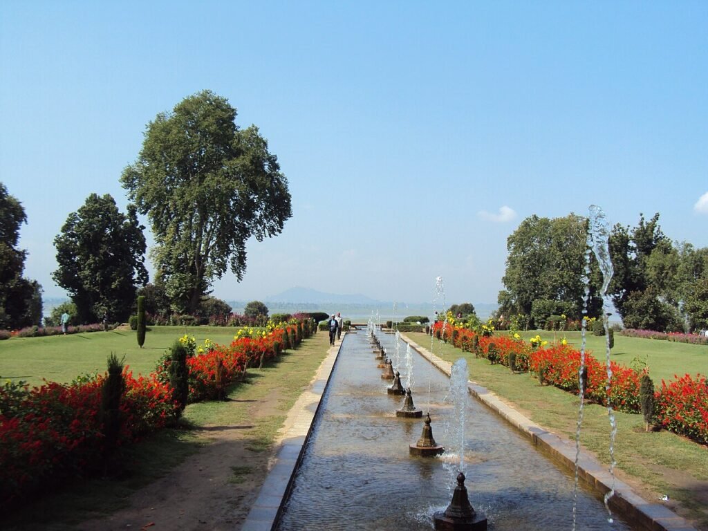 Fountains, flowers and garden paths at Nishat Gardens, Srinagar