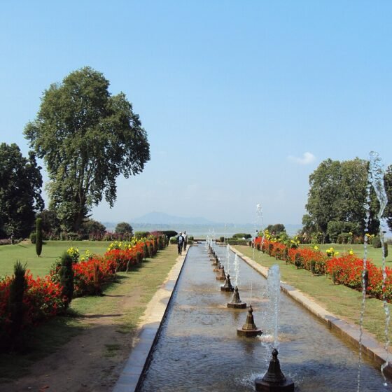 Fountains, flowers and garden paths at Nishat Gardens, Srinagar